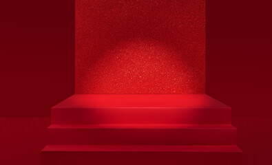Christmas, New Year banner, red glitter podium with stairs	