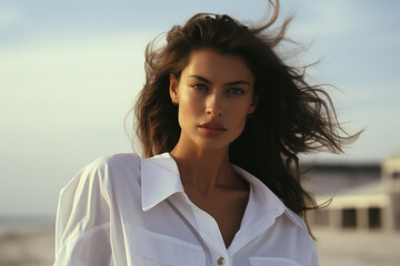 beautiful elegant young girl in a white shirt on the street 