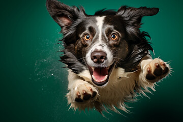 An energetic border collie catching a frisbee mid-air, set against a vibrant green background, capturing the dynamism and athleticism of a playful and agile canine companion.