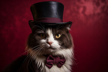 A sophisticated tuxedo cat wearing a top hat and monocle, set against a deep burgundy background, exuding an air of refined feline charm and capturing the essence of dapper eleganc