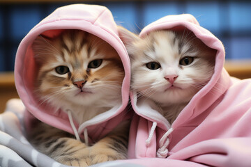 A pair of kittens dressed in adorable matching pajamas, snuggled up together on a bedtime-themed background, illustrating the cozy and endearing nature of feline companionship at r