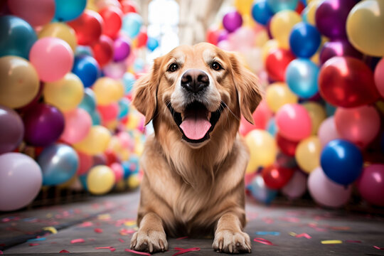 A joyful Golden Retriever wearing a party hat and surrounded by colorful balloons against a celebratory background, capturing the exuberance of a canine friend during a festive occ