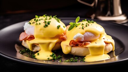 Eggs Benedict on an English muffin with ham and hollandaise sauce