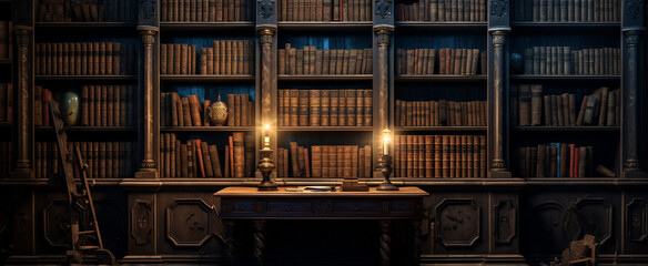 Ancient gothic library, dark and eerie library, magic medieval library full of old ancient books. Old wooden shelves holding many historical books and manuscripts. - obrazy, fototapety, plakaty