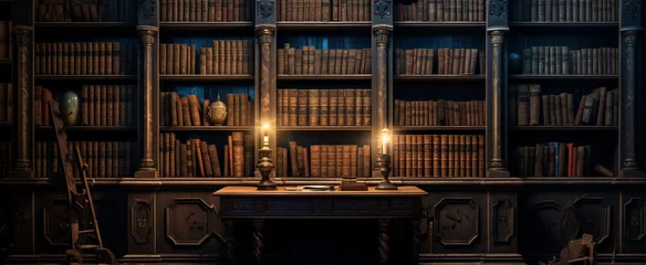 Foto op Plexiglas Ancient gothic library, dark and eerie library, magic medieval library full of old ancient books. Old wooden shelves holding many historical books and manuscripts. © lucas