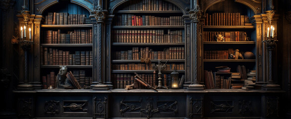 Ancient gothic library, dark and eerie library, magic medieval library full of old ancient books. Old wooden shelves holding many historical books and manuscripts.