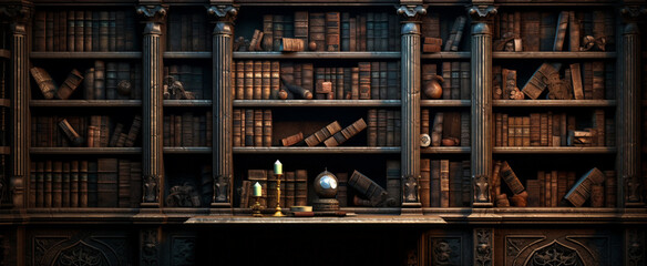 Ancient gothic library, dark and eerie library, magic medieval library full of old ancient books. Old wooden shelves holding many historical books and manuscripts. - Powered by Adobe