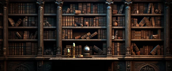 Fotobehang Ancient gothic library, dark and eerie library, magic medieval library full of old ancient books. Old wooden shelves holding many historical books and manuscripts. © lucas