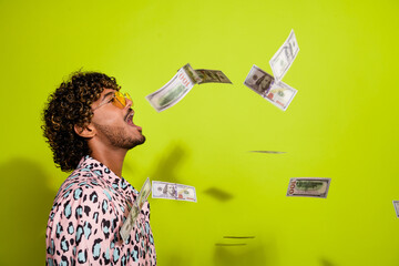 Photo portrait of handsome young guy catch mouth usd money dressed stylish pink leopard print...
