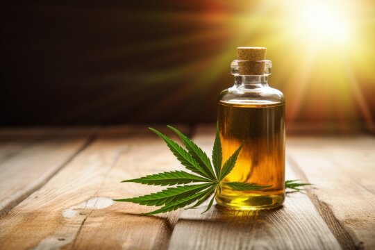A glass jar of hemp oil with a marijuana leaf lying nearby. Healing CBD hemp oil in a glass flask. Natural medicine, plants as teachers.