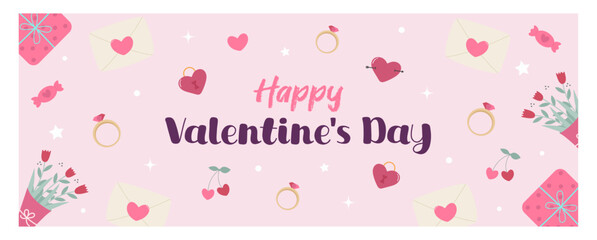 Romantic horizontal banner with text. Happy Valentine’s day illustration ideal for banners, backgrounds, social media. Greeting card with flowers, gifts, hearts, ring and other love elements. 