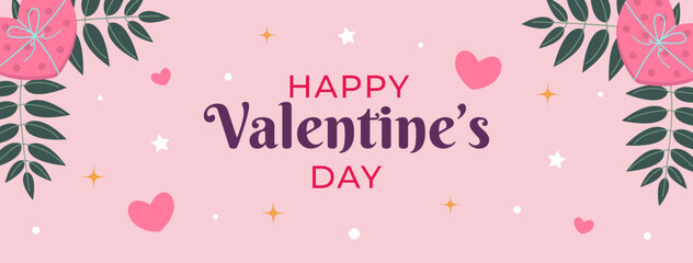 Happy Valentine’s day horizontal banner, background for social media. Romantic illustration with love elements and text. Modern and trendy vector illustration.