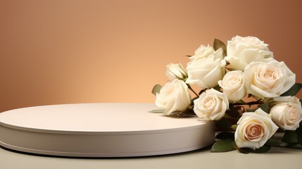 Empty podium platform stand with roses flowers wallpaper background