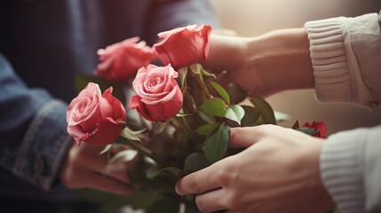 Man giving roses bouquet flowers to woman valentine day wallpaper background - obrazy, fototapety, plakaty