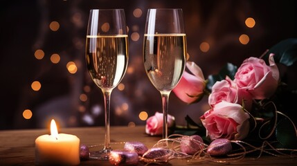 Two champagne wine glass valentine day wallpaper background