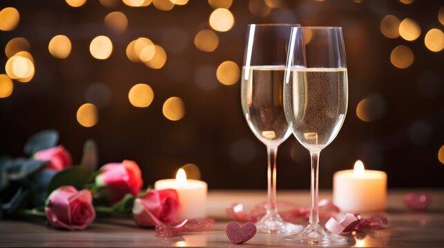 Two champagne wine glass valentine day wallpaper background
