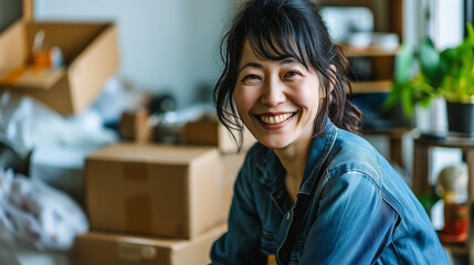 引っ越しをする日本人の女性 - obrazy, fototapety, plakaty