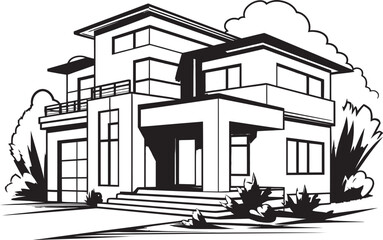 Modern Urban Residence Villa Outline Symbolizing Urban Elegance Cityline Villa Silhouette Black Outline Vector of Urban Living