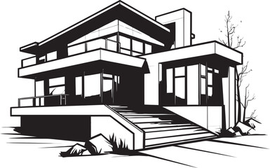Sleek Urban Dwelling Black Outline Villa Emblem in City Style Contemporary Cityline Villa Sketch City House Icon in Crisp Black
