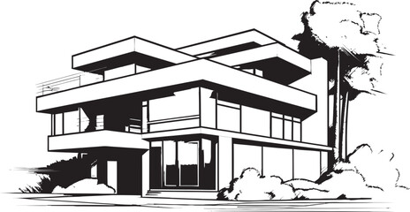Naklejka premium Stylish Cityline Abode Villa Vector Icon in Urban Sophistication Sleek Urban Dwelling Black Outline Villa Emblem in City Style