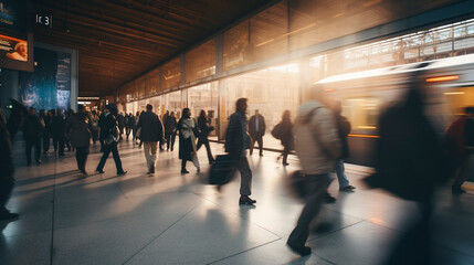 People walking through a train or bus station, long exposure blurred motion 