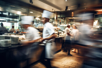 Restaurant kitchen with people motion blur. Long exposure blurred motion of cooks and culinary staff.
