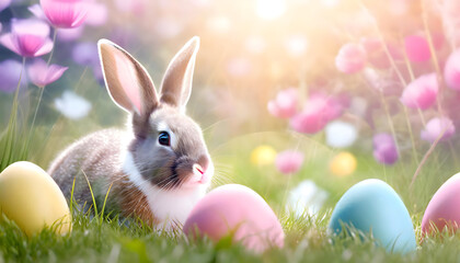 Fototapeta na wymiar Spring Easter Bunny with Easter eggs in the grass. Garden with beautiful flowers at sunset. Spring flowers and nature. Bokeh and natural warm light. Cute Bunny Easter background. 