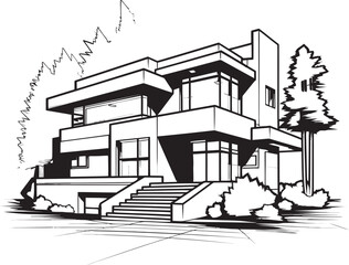 Modern Cityscape Villa Sketch Bold Black Outline Vector Icon Trendy Urban Villa Silhouette City House in Black Outline