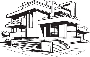 Modern Cityline Villa Urban House Icon in Bold Black Outline Trendy Cityscape Villa Sketch Bold Black Outline Vector Icon