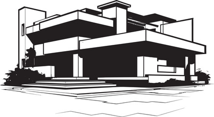 Sleek Cityline Villa Urban House Icon in Bold Black Outline Contemporary City Dwelling Villa Outline Vector in Bold Black