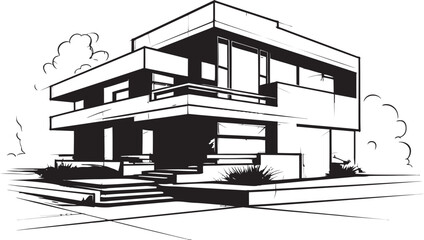 Cityline Villa Impression Urban House in Bold Black Outline Contemporary Cityscape Villa Black Outline Villa Icon Design