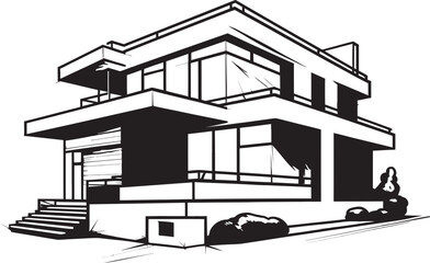 Trendy Urban Residence Villa Vector Icon in Sharp Black Outline Cityline Villa Impression Urban House in Bold Black Outline