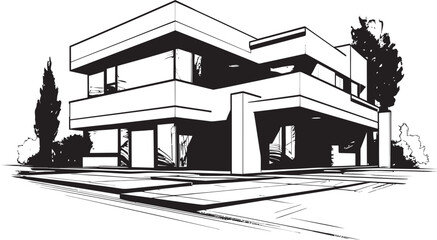 Modern Cityline Abode Villa Icon in Bold Black Outline Urban Villa Impression Contemporary City House in Black Outline