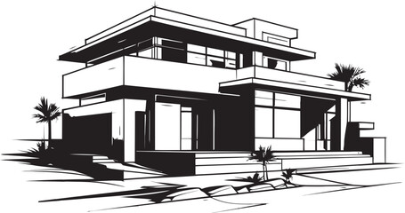 Chic Cityline Villa Villa Vector Outline in Urban Flair Sleek Urban Mansion Sketch House Outline in Bold Black