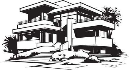 Sleek Urban Mansion Villa Icon in Sharp Black Outline Contemporary Cityline Villa Villa Outline in Bold Black