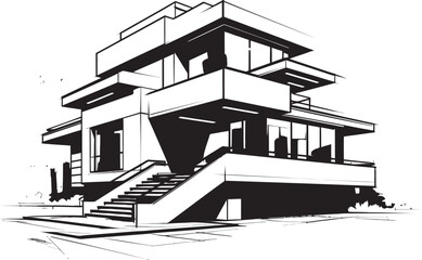 Stylish Cityscape Living Villa Icon in Sharp Black Outline Trendy Urban Villa Villa Outline in Bold Black Lines