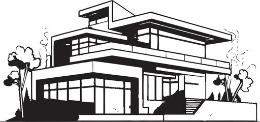 Cityline Villa Silhouette Black Outline Vector of Urban Living Chic Cityscape Villa Sleek City House Icon in Bold Black Outline