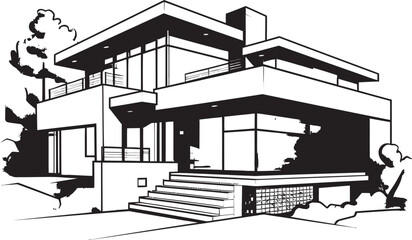 Contemporary Cityline Villa Sketch City House Icon in Crisp Black Modern Urban Residence Villa Outline Symbolizing Urban Elegance