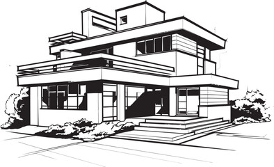Modern Urban Villa Sketch City House Icon in Crisp Black Cityline Villa Silhouette Black Outline Vector Symbol of Urban Living