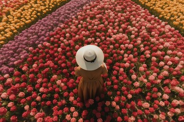 top down view of person with straw hat in the tulip field. Generative AI - obrazy, fototapety, plakaty
