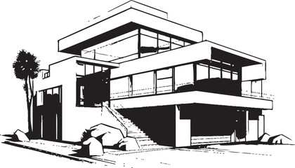 Iconic Contemporary Villa Building Structure in Vector Logo Villa Framework Blueprint Emblematic Design in Vector Icon