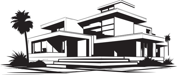 Vectorized Contemporary Villa Emblematic Building Structure Icon Villa Design Outline Contemporary Architectural Emblem in Vector