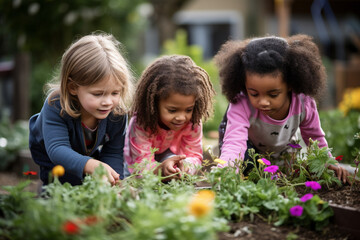 happy smiling children playing in the garden, flower planting 