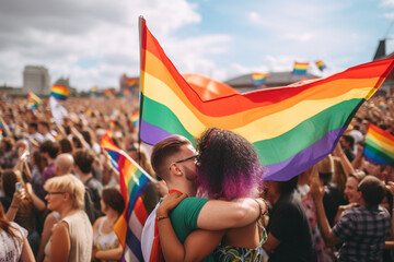 Fototapeta premium colorful LGBT flags in the wind with crowd of people, pride