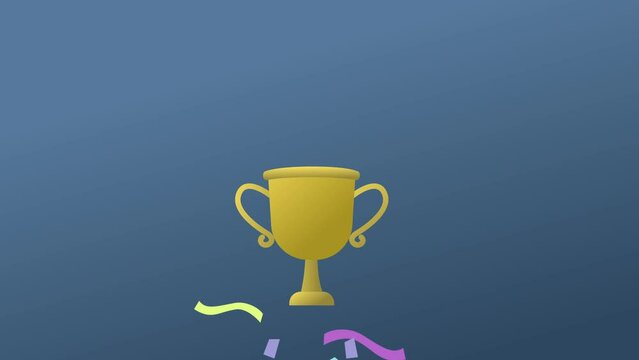 Animated golden trophy. Floating golden cup with confetti and ribbon falling around 