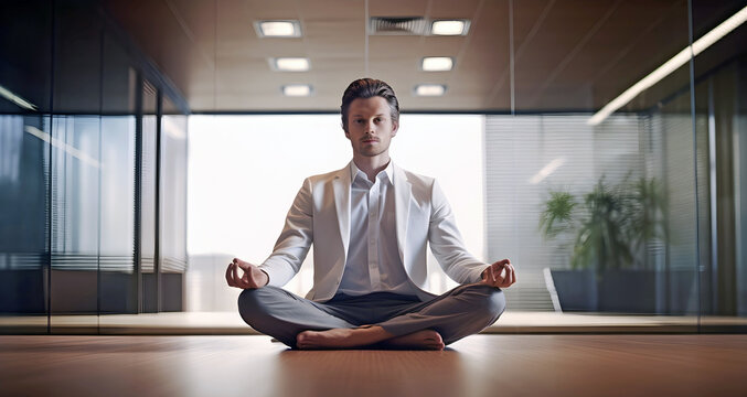 man meditating in office, ai generated.