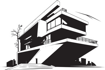 Innovative Home Blueprint Conceptual House Sketch Emblem Futuristic Abode Outline Modern House Sketch Vector Emblem
