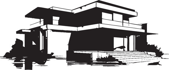 Symmetrical Dwelling Sketch Duplex House Design Vector Emblem Double Residence Blueprint Sketch Idea for Duplex Vector Logo