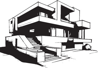 Symmetrical Dwelling Sketch Duplex House Design Vector Emblem Double Residence Blueprint Sketch Idea for Duplex Vector Logo
