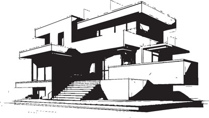 Symmetrical Dwelling Sketch Duplex House Design Vector Emblem Double Residence Blueprint Sketch Idea for Duplex Vector Logo